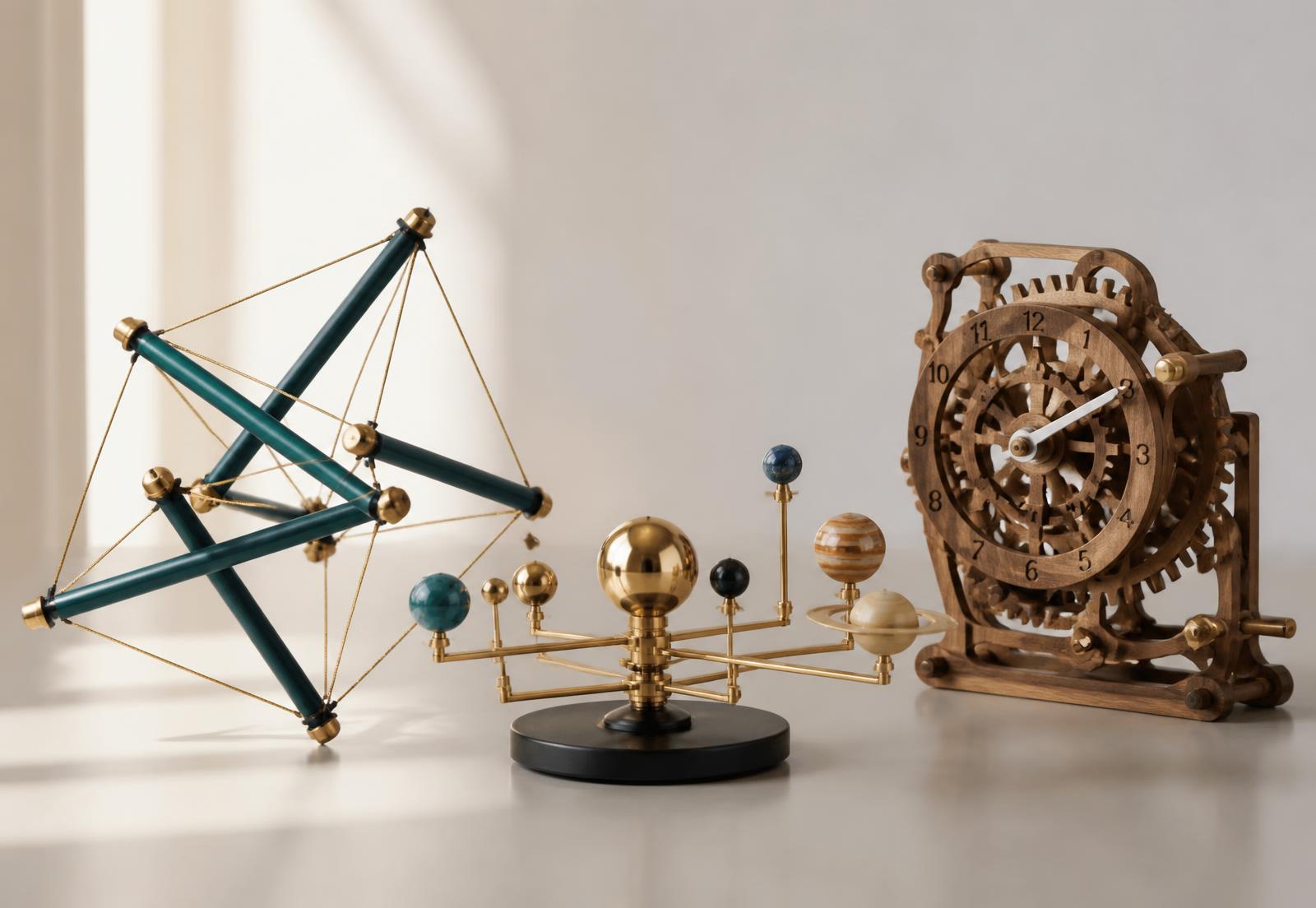 Tensegrity structure, brass orrery and mechanical wooden clock in soft window light